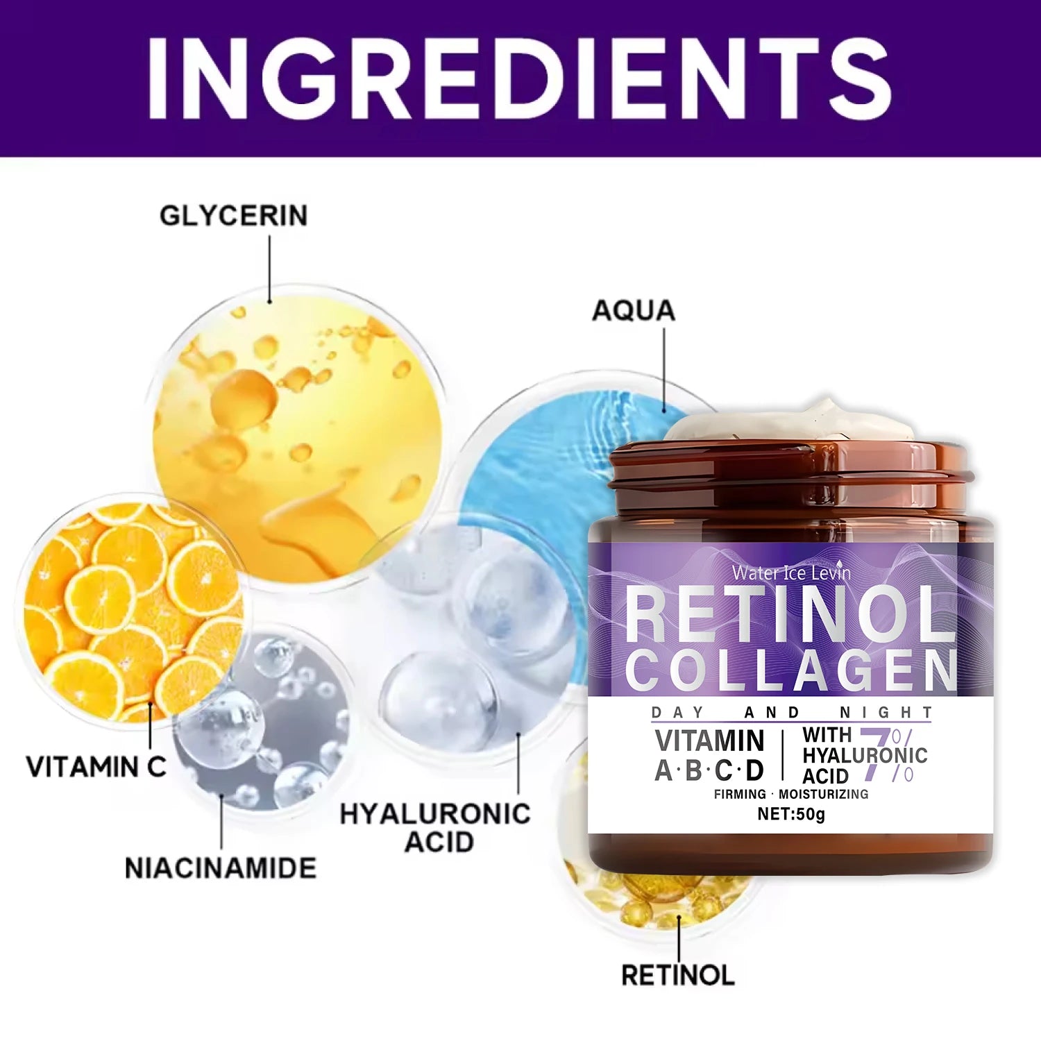 Crème hydratante de jour et de nuit au collagène, rétinol, Niacinamide.