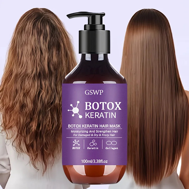 Masque capillaire à la kératine et au Botox, hydrate et renforce les cheveux abîmés.