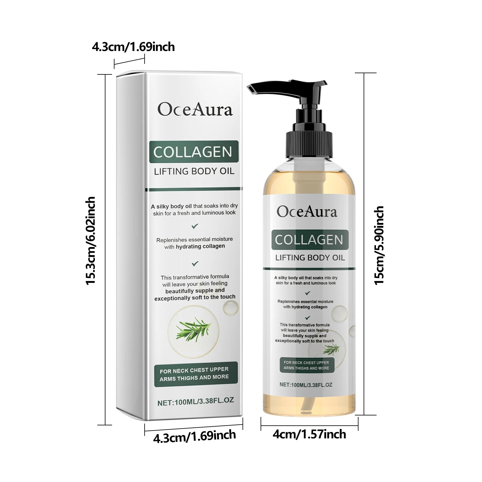 Huile corporelle raffermissante au collagène, hydratation en profondeur, 100ml.