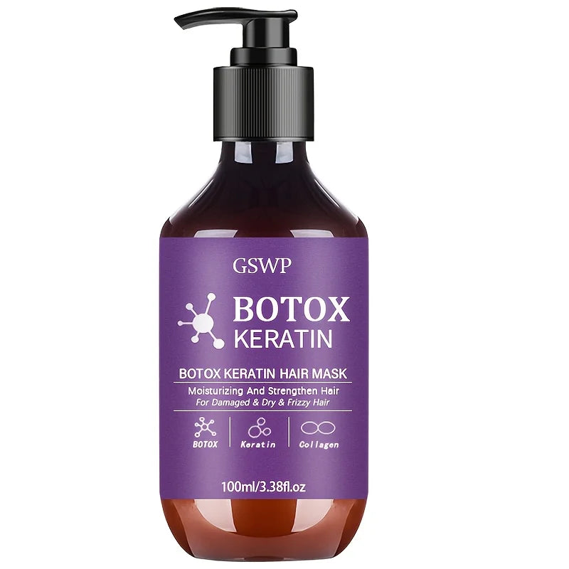 Masque capillaire à la kératine et au Botox, hydrate et renforce les cheveux abîmés.