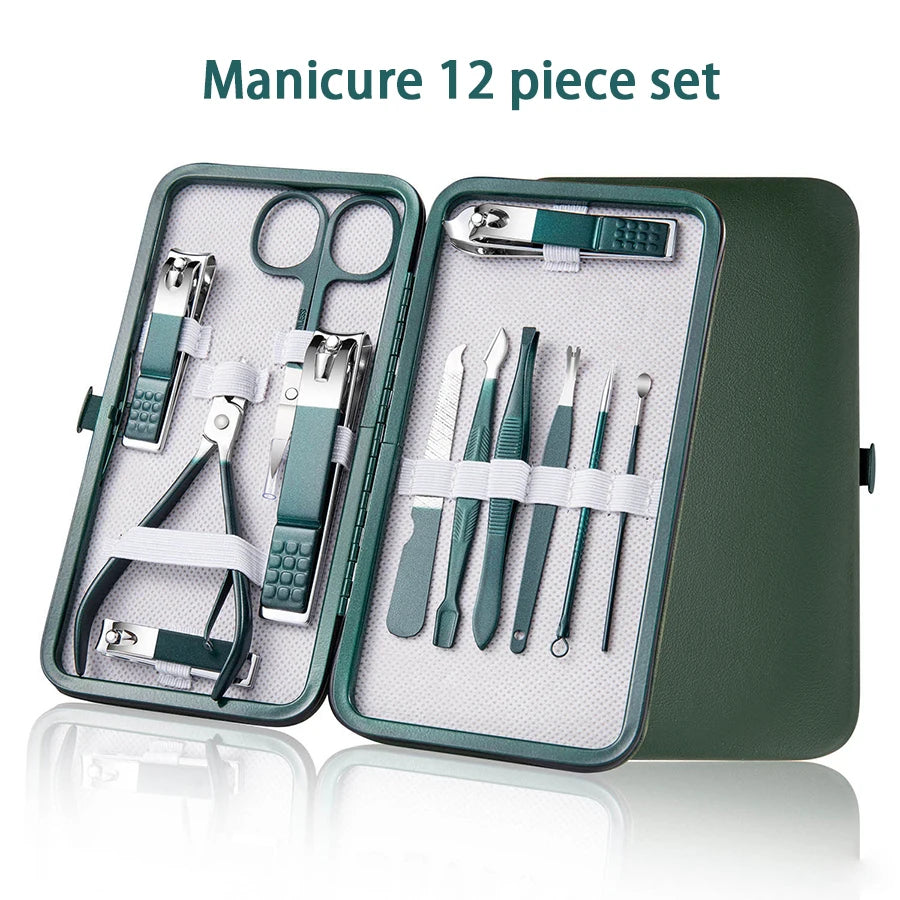 Ensemble Kits d'outils de manucure professionnels, vert, 12 pièces, avec étui en cuir.