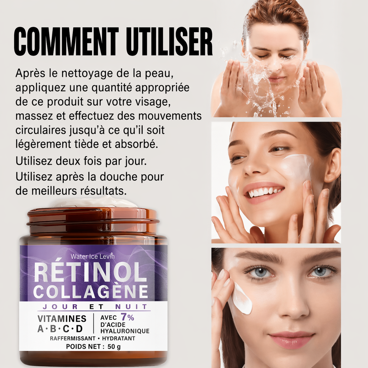 Crème hydratante de jour et de nuit au collagène, rétinol, Niacinamide.