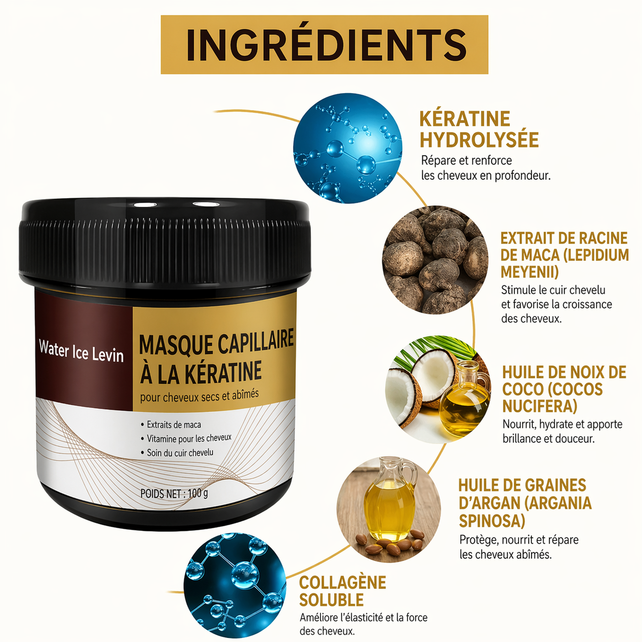 Masque capillaire à la kératine pour cheveux, répare les cheveux crépus endommagés.