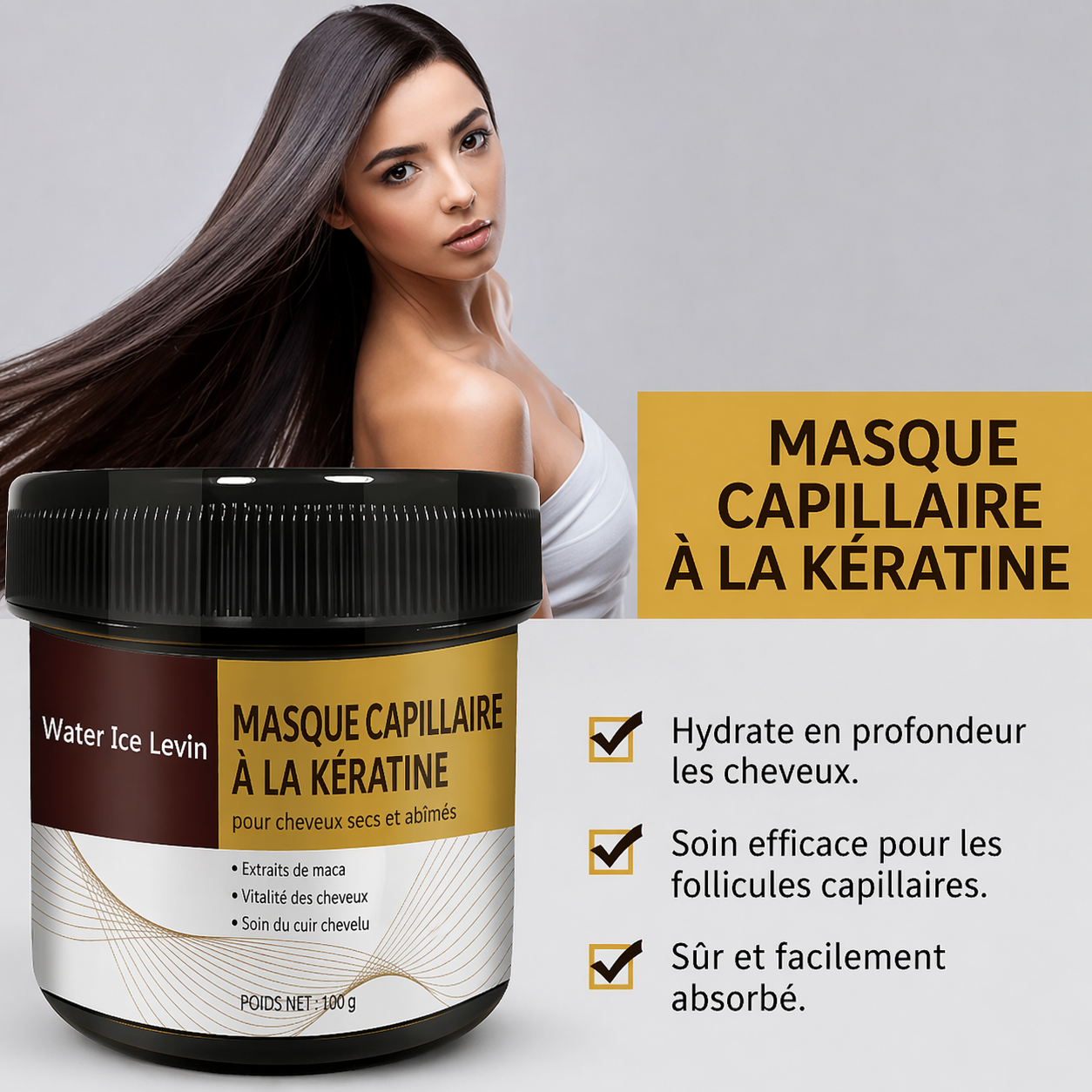 Masque capillaire à la kératine pour cheveux, répare les cheveux crépus endommagés.