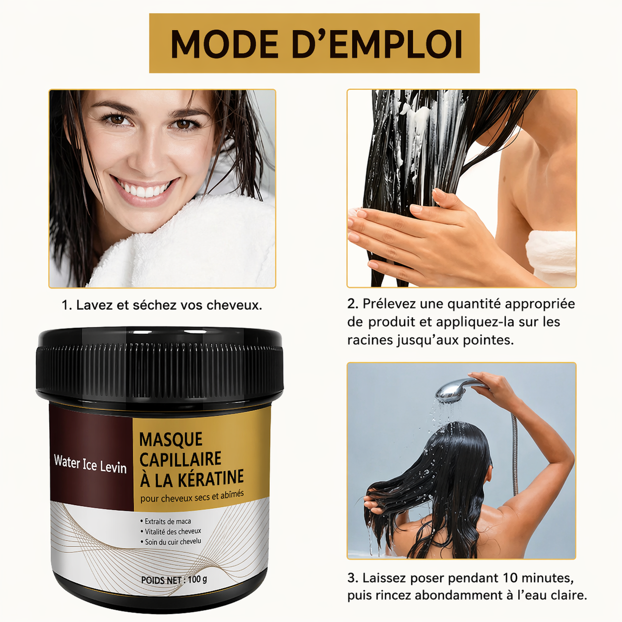 Masque capillaire à la kératine pour cheveux, répare les cheveux crépus endommagés.