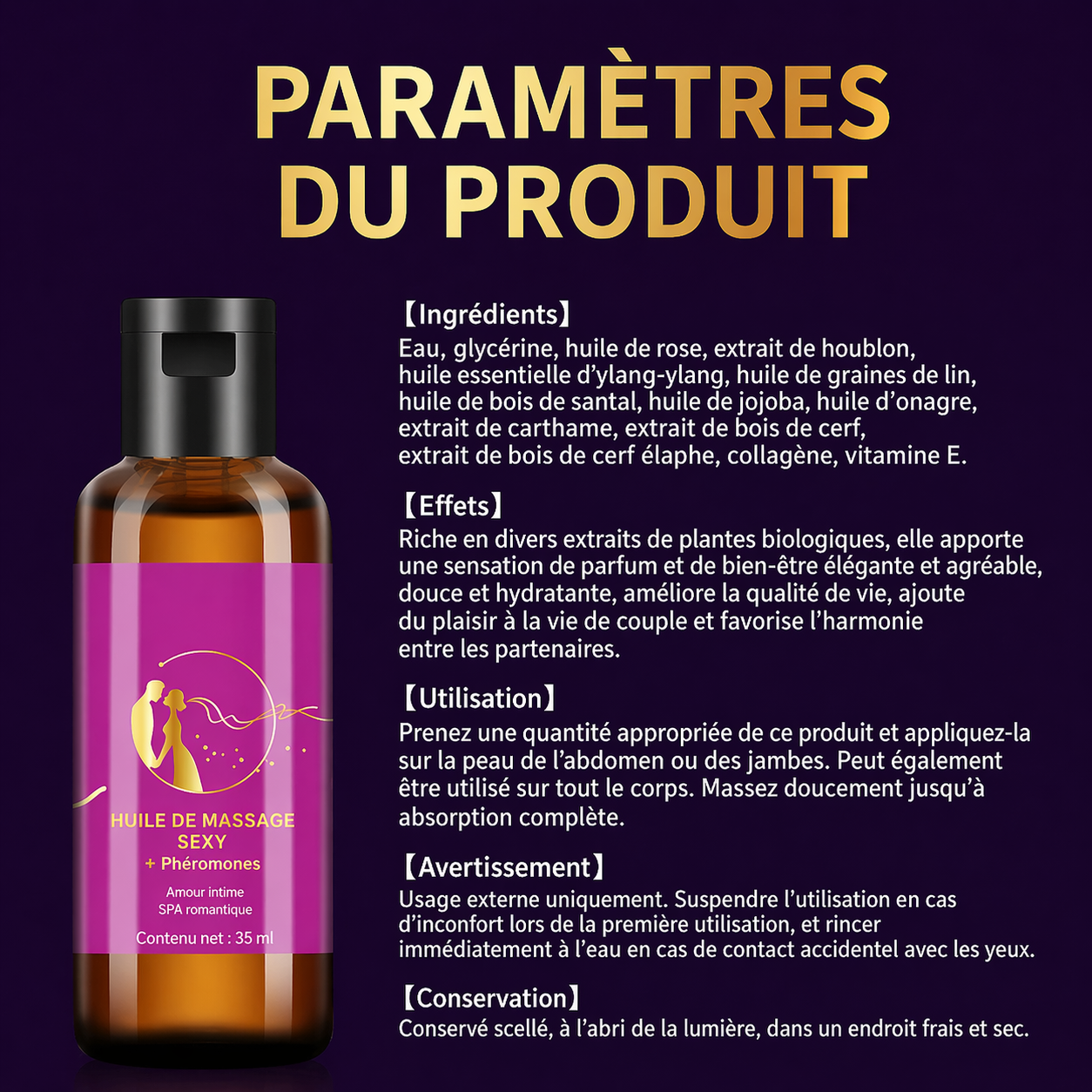 Huile de massage pour le corps, 35ml, plantes naturelles, essence de rose, massage romantiques et sensuel.