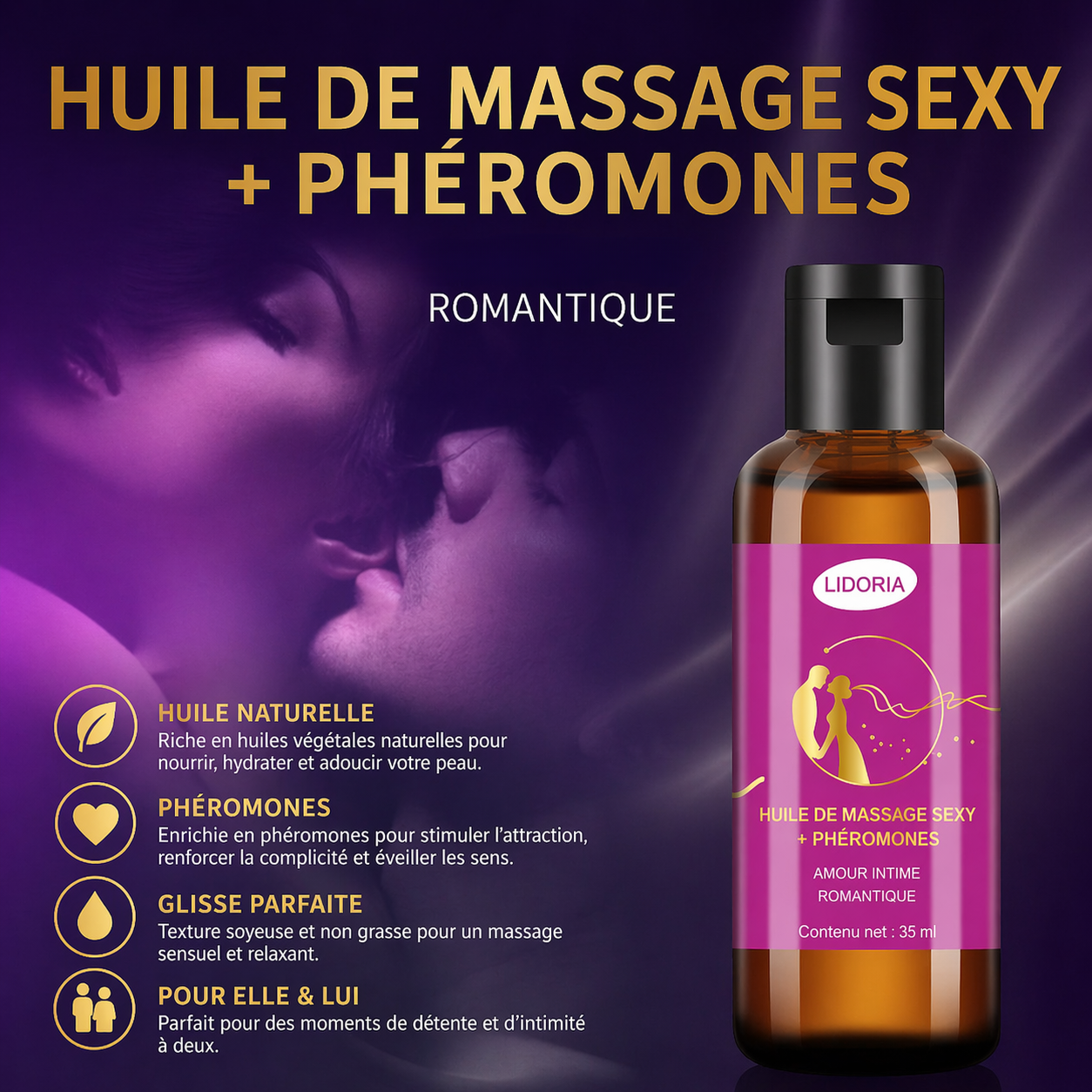 Huile de massage pour le corps, 35ml, plantes naturelles, essence de rose, massage romantiques et sensuel.