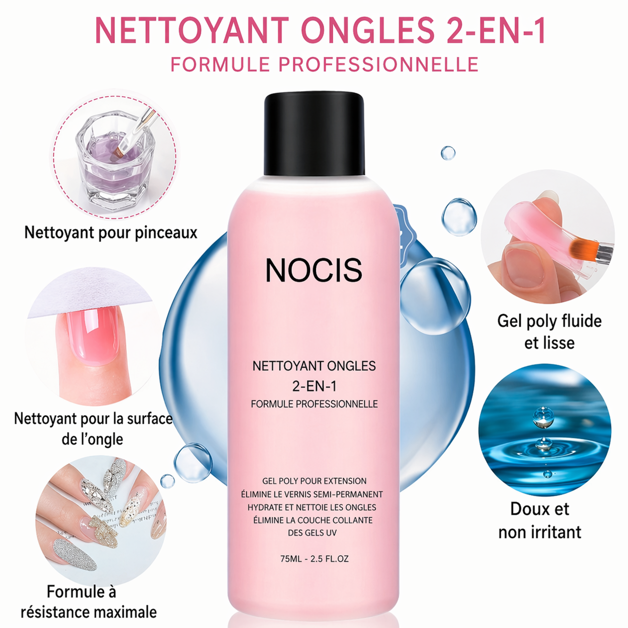 Gel nettoyant 2 en 1 pour ongles et dissolvant de vernis, solution professionnelle.